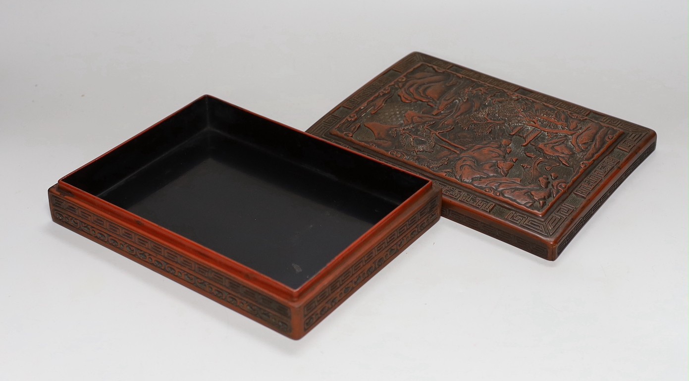 A Chinese rectangular lacquer box, five bowls and an egg shaped box, box 22cms wide x 17cms deep